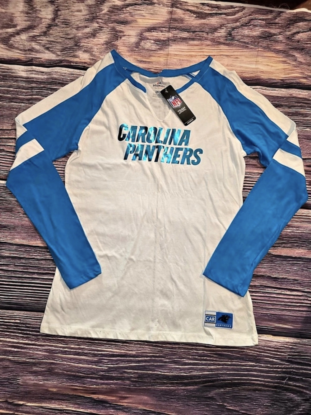 Majestic Carolina Panthers Long Sleeve Tee White & Blue Size XL NWT
